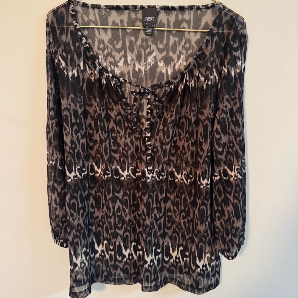 ESPRIT Women's Top Y2K Sheer Animal Print Black/Tan Size LARGE
